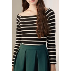 Black Boat Neck Striped Long Sleeves Tee