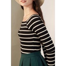 Black Boat Neck Striped Long Sleeves Tee