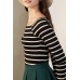 Black Boat Neck Striped Long Sleeves Tee