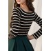 Black Boat Neck Striped Long Sleeves Tee