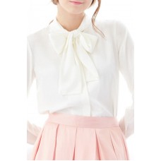 White Bow Neck Button Down Shirt