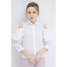 White Cold Shoulder Ruffled Button Down Shirt