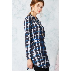 Blue Plaid Buttons Shirt with Belt