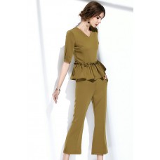 Green Plain Ruffle V-neck Two Piece Suit