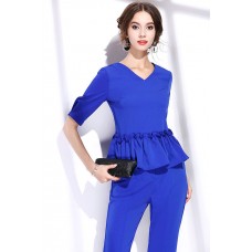 Royal Blue Plain Ruffle V-neck Two Piece Suit