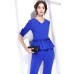 Royal Blue Plain Ruffle V-neck Two Piece Suit