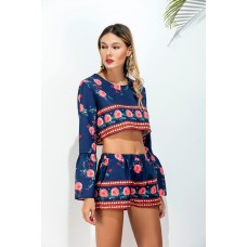 Dark Blue Floral Long Sleeves Crop Top With Shorts