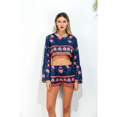 Dark Blue Floral Long Sleeves Crop Top With Shorts