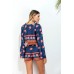 Dark Blue Floral Long Sleeves Crop Top With Shorts