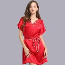 Red Short Sleeves V-neck Belt Chemises