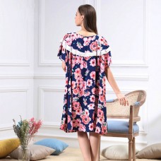 Large Size Dark Navy Short Sleeves Floral Print Chemises