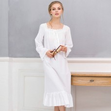 White Long Sleeves Cotton Maxi Nightgown