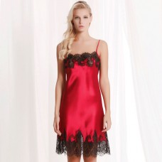 Red Lace Trimmed Silk Chemise