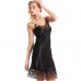 Black Hollow Lace Trimmed Silk Chemise