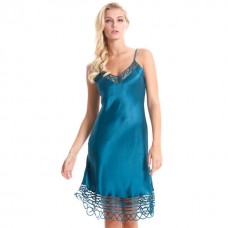 Blue Hollow Lace Trimmed Silk Chemise