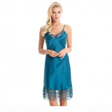 Blue Hollow Lace Trimmed Silk Chemise