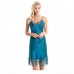 Blue Hollow Lace Trimmed Silk Chemise