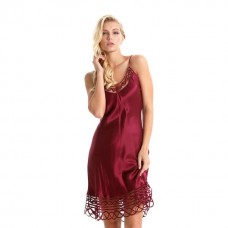 Burgundy Hollow Lace Trimmed Silk Chemise