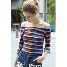 Multicolored Striped Boat Neck Long Sleeves Tees