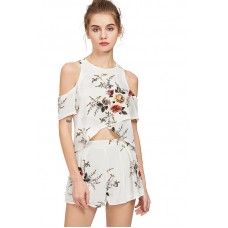 White Floral Print Cold Shoulder Cropped Top With Shorts