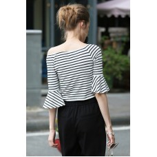 Black And White Striped Boat Neck Long Sleeves Tees