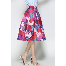 Red Floral Print Pleated Skirt