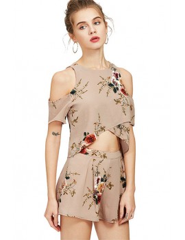 Beige Floral Print Cold Shoulder Cropped Top With Shorts