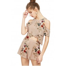 Beige Floral Print Cold Shoulder Cropped Top With Shorts