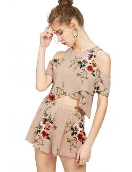 Beige Floral Print Cold Shoulder Cropped Top With Shorts