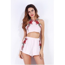 Pink Embroidered Cropped Halter Top With Shorts