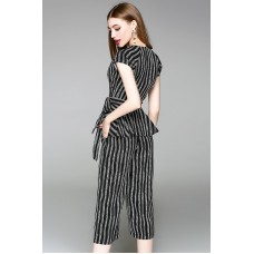 Black Striped Short Sleeves Belt Top With Cropped Pants