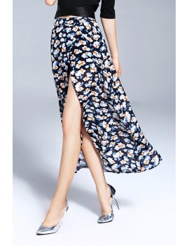 Dark Blue Floral Print Split Dress