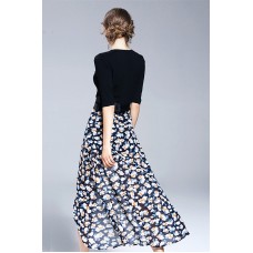 Dark Blue Floral Print Split Dress