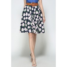 Navy Blue Floral Print Knee Length Skirt