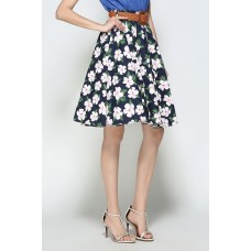 Navy Blue Floral Print Knee Length Skirt