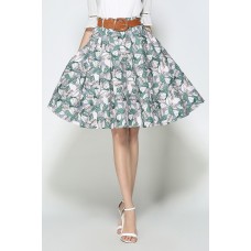 Green Leaves Print Knee Length Skirt