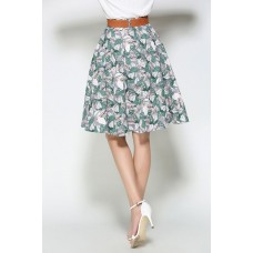 Green Leaves Print Knee Length Skirt