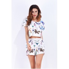 White Print Round Neck Cropped Top With Shorts